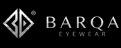 Silver metallic logo for BARQA EYEWEAR on a solid black background.